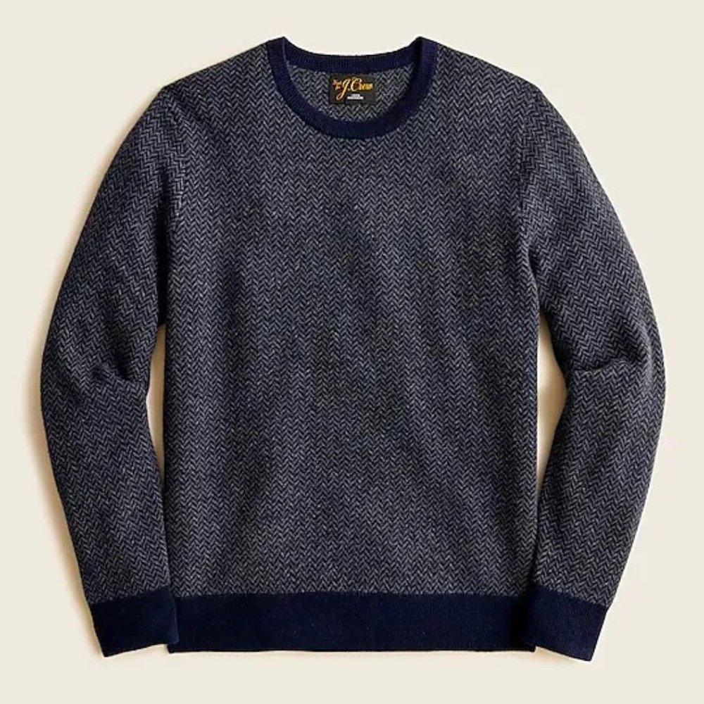 J Crew 100% Cashmere Herringbone Jacquard Sweater, Navy Flint Blue Size L